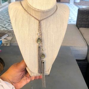 Ann Taylor long silver necklace sparkly yellow jewels and tassels
